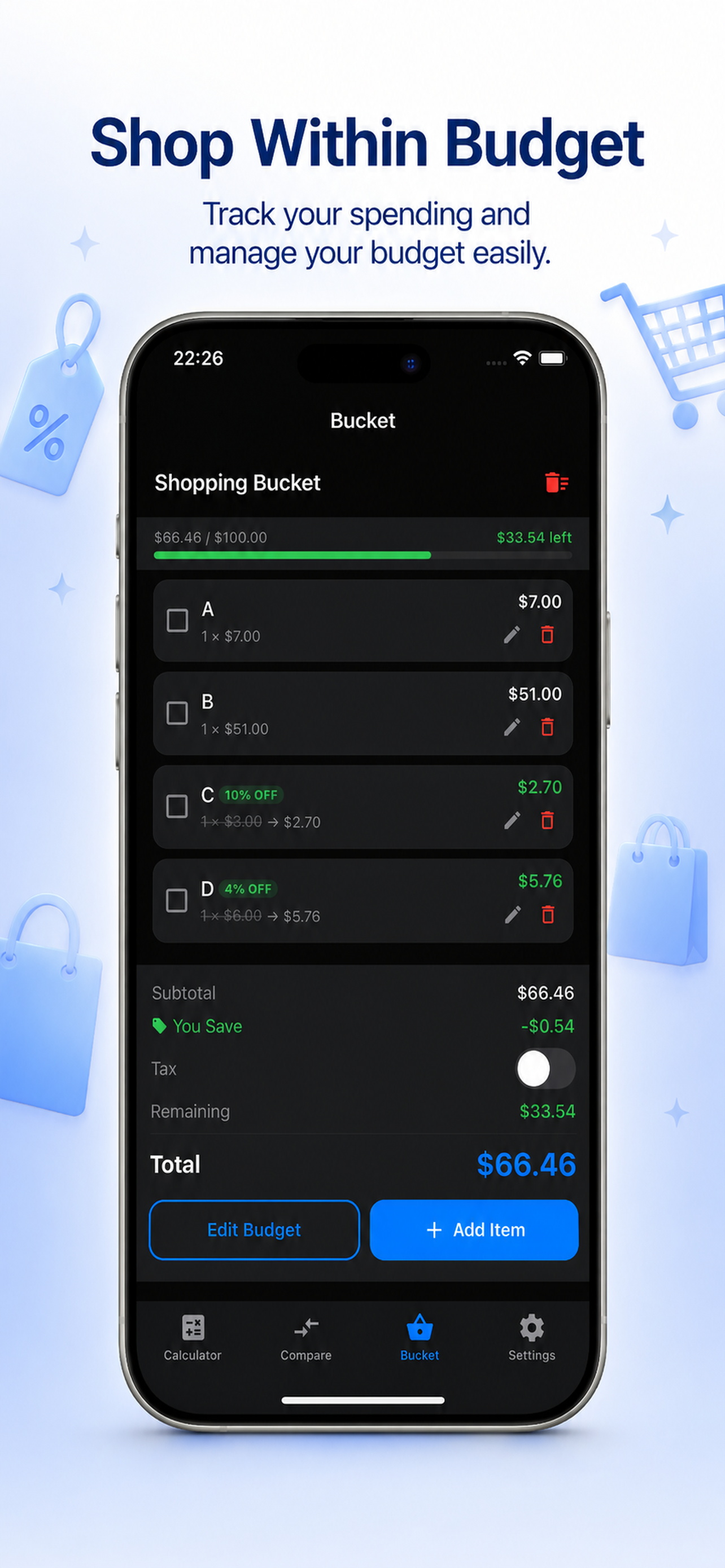 Shopping Price Calculator budget screen