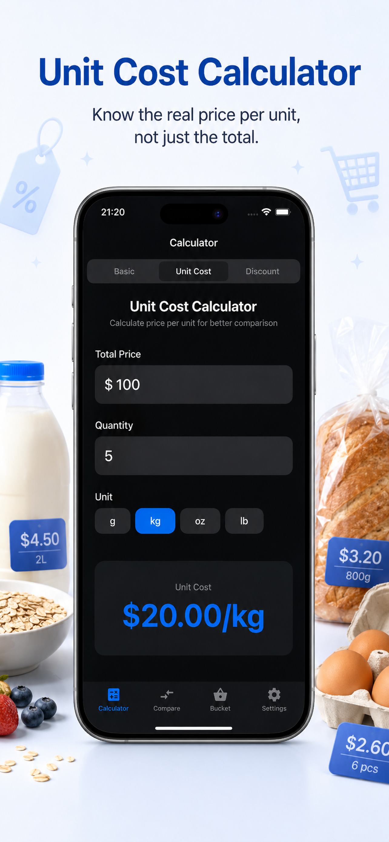 Shopping Price Calculator unit cost screen