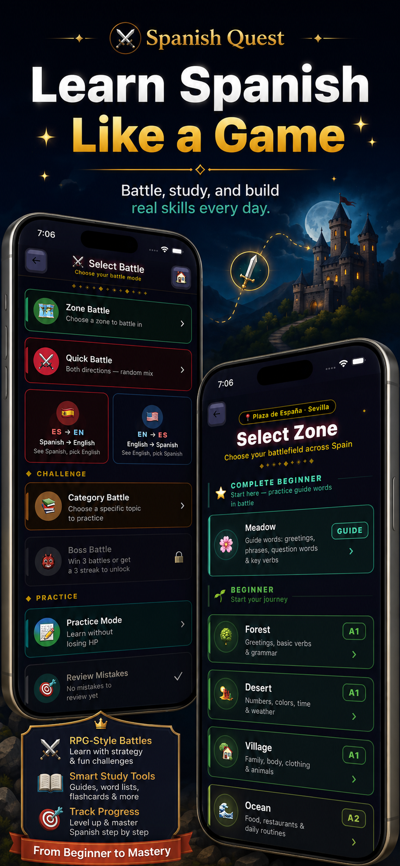 Spanish Quest battle and zone selection screens