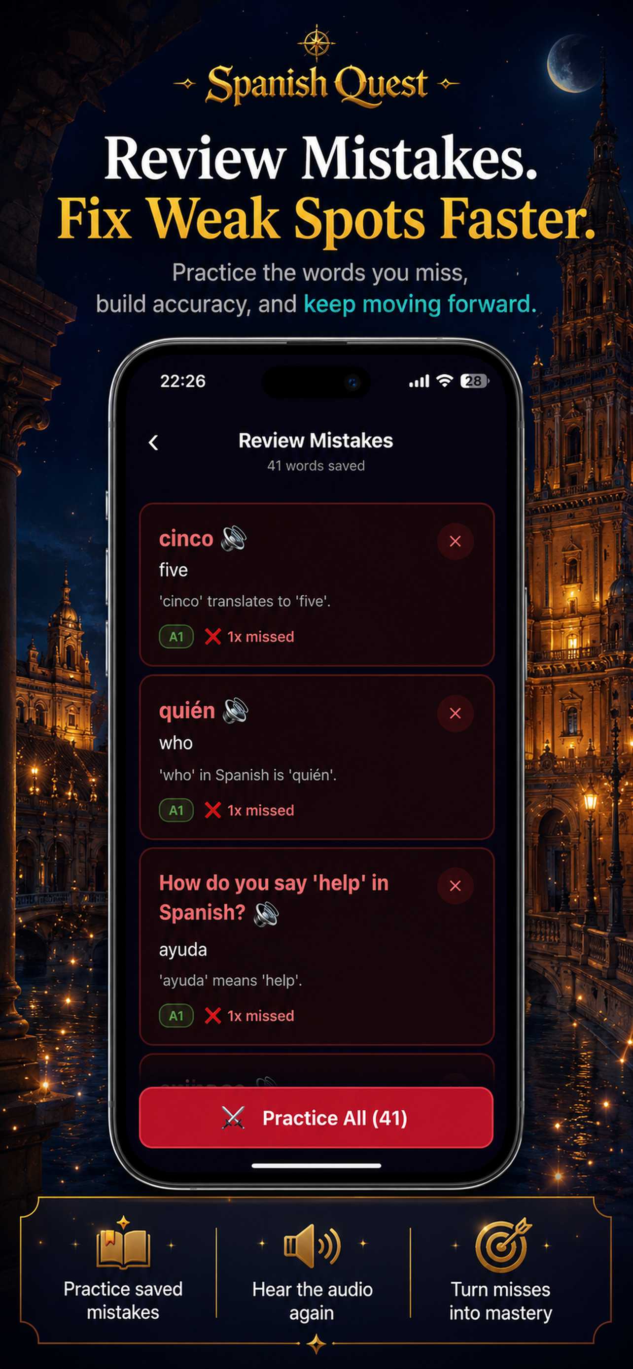 Spanish Quest mistake review screen