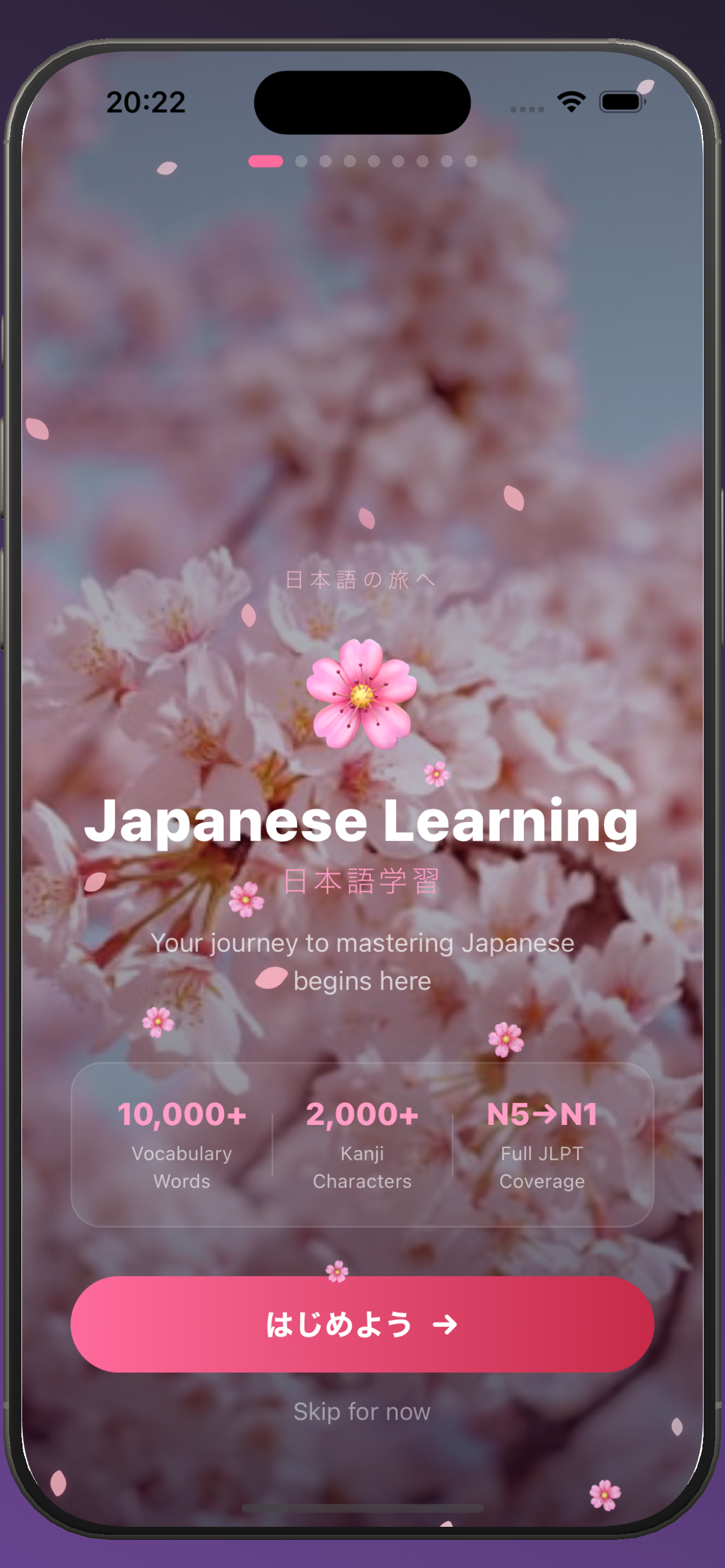 Sakura Learn Japanese JLPT onboarding welcome screen