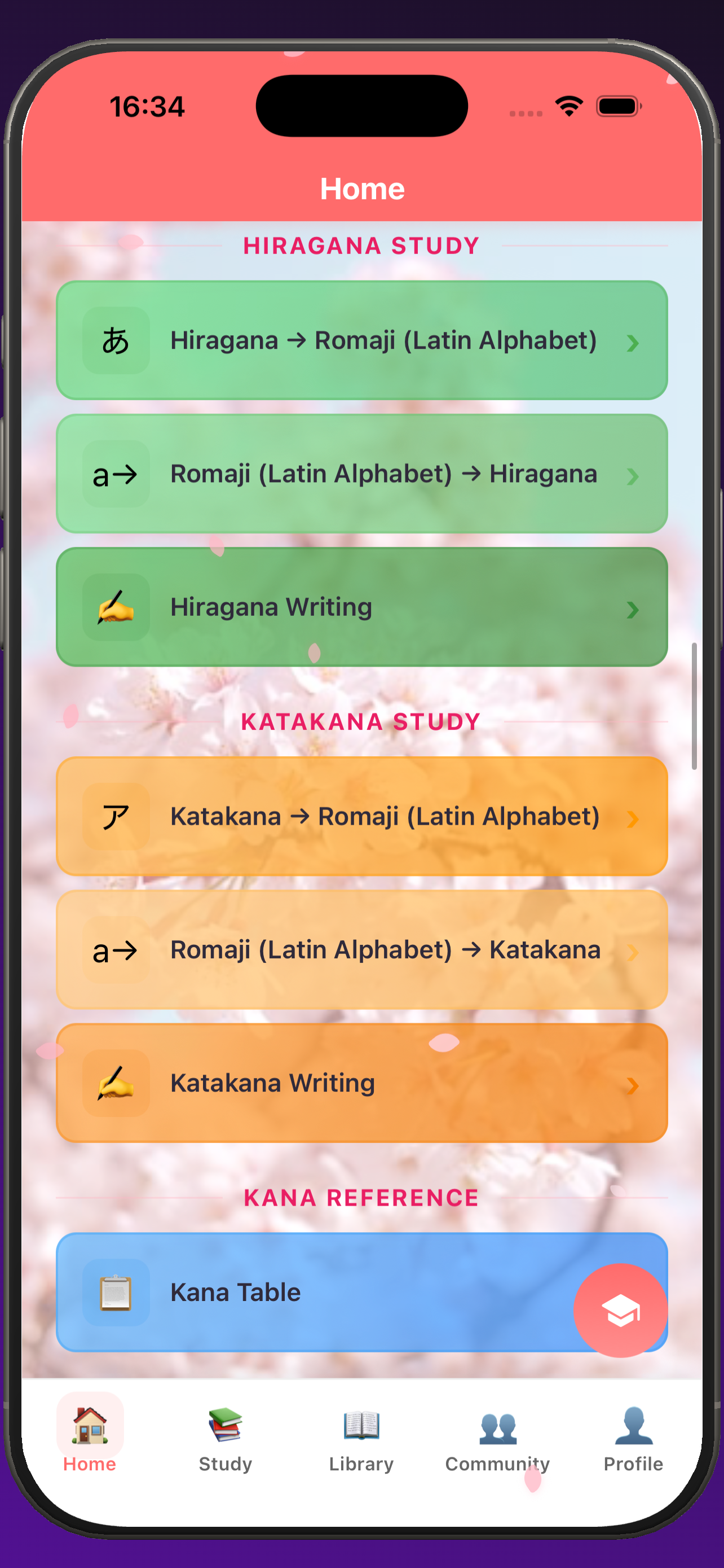 Study menu showing flashcard study and writing practice options