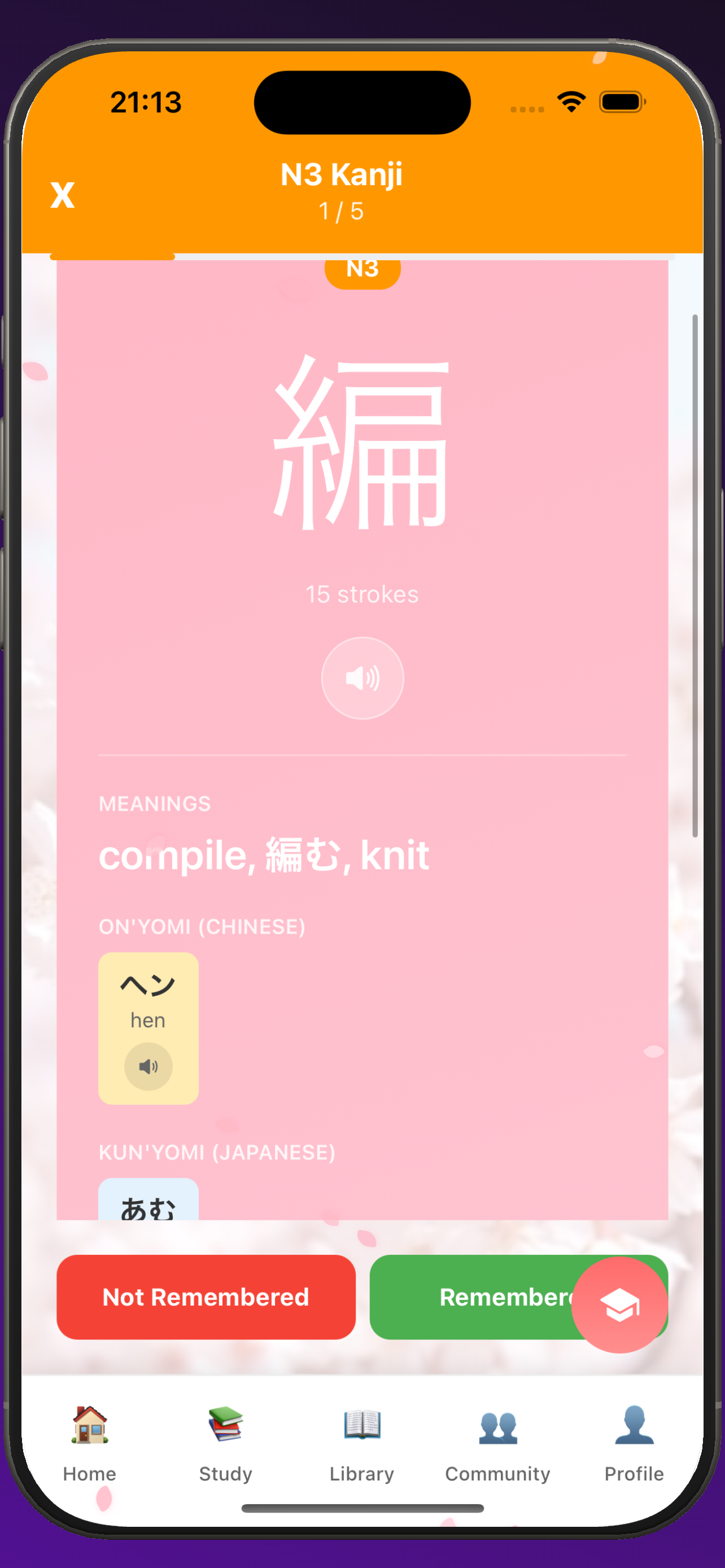 N3 kanji flashcard with kanji, stroke count, readings, meanings, and review buttons