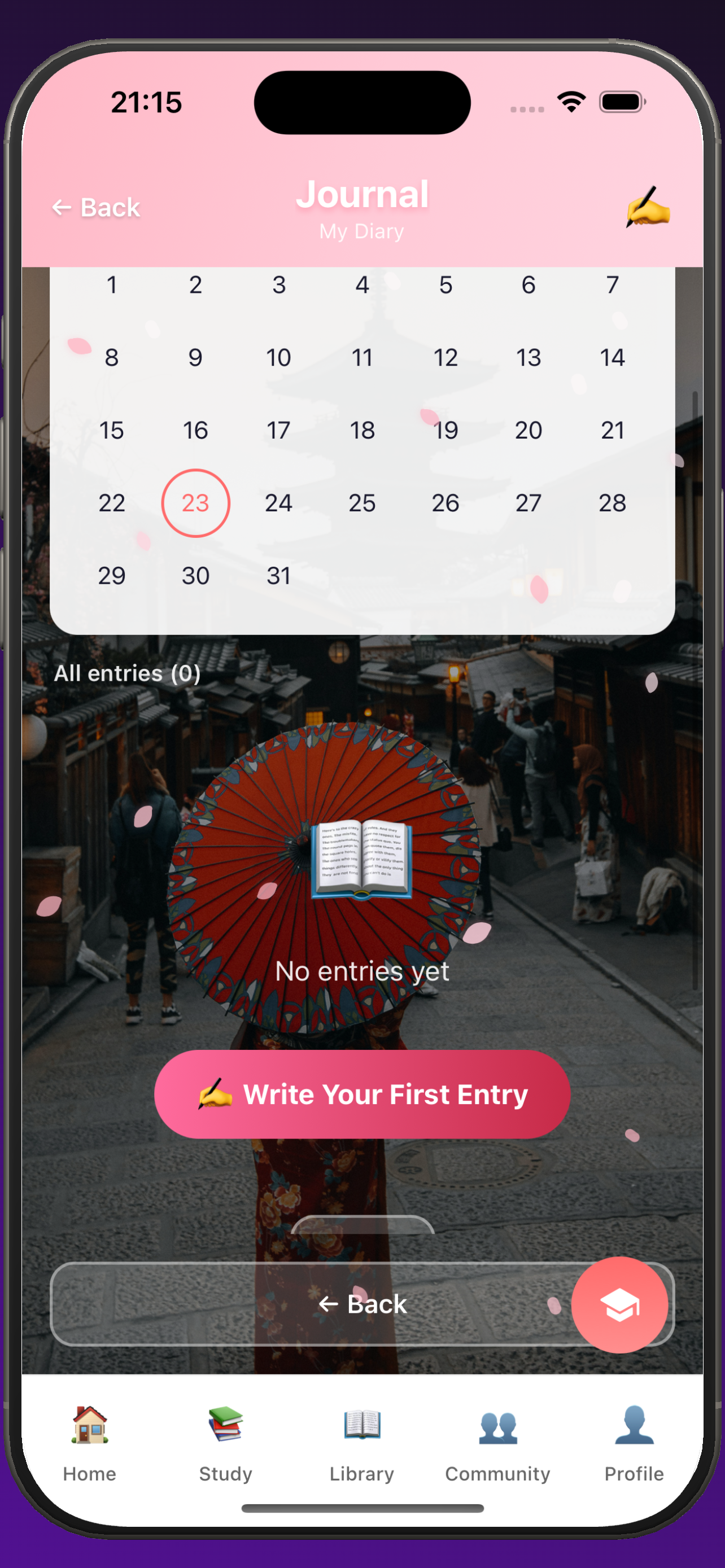 Journal screen with calendar, entry list, and write your first entry button